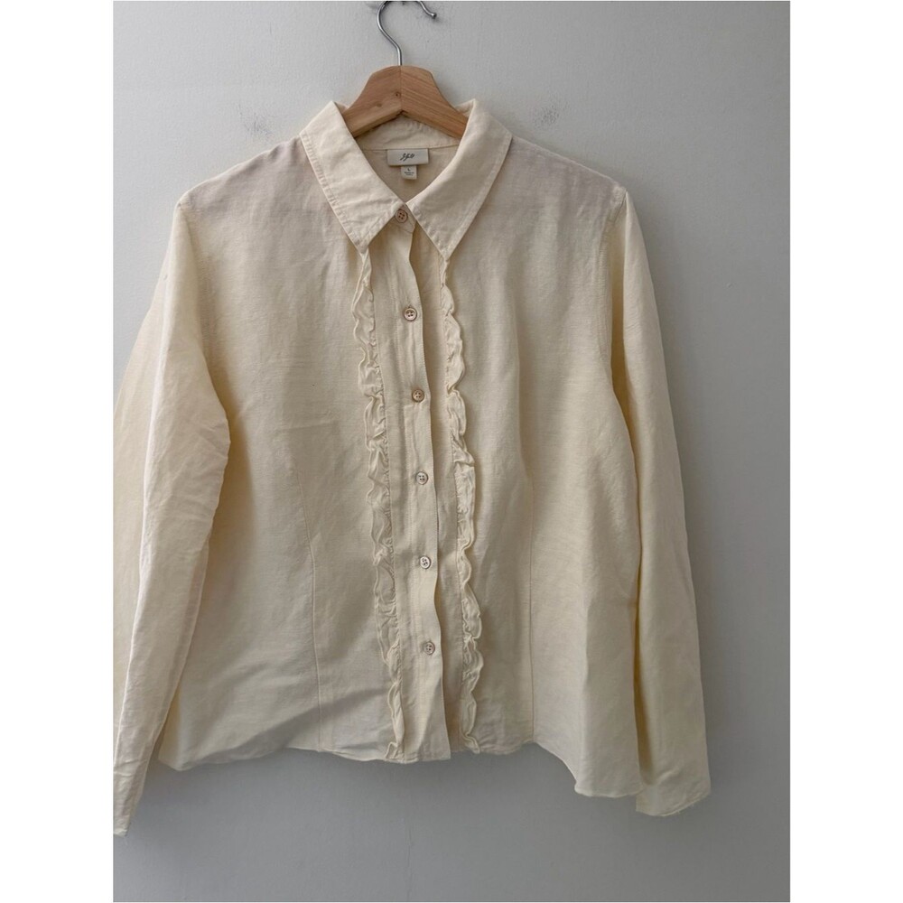J Jill Vintage Linen Blouse Shirt Top Cream Ruffle Button Front Size Large